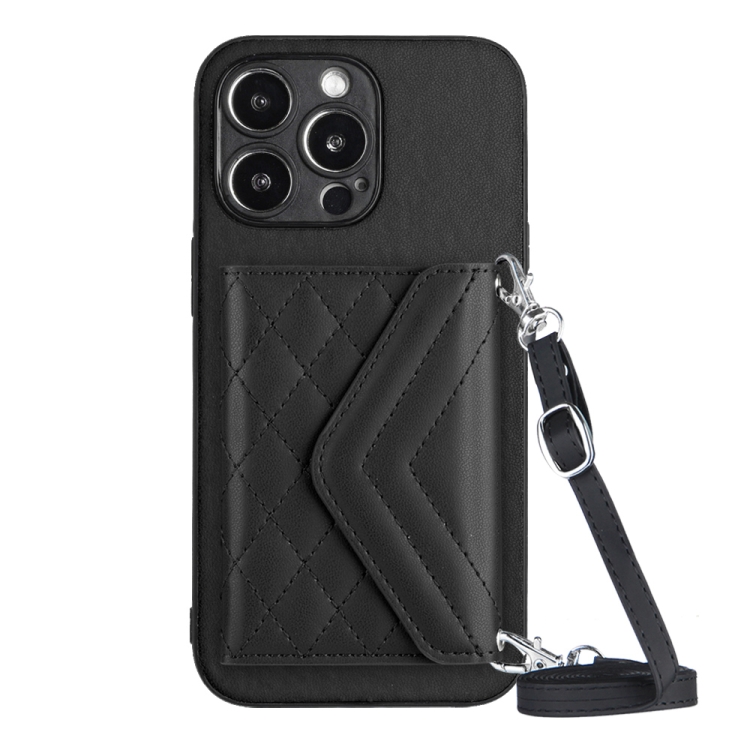 

For iPhone 14 Pro Max Rhombic Texture Card Bag RFID Phone Case with Long Lanyard(Black)