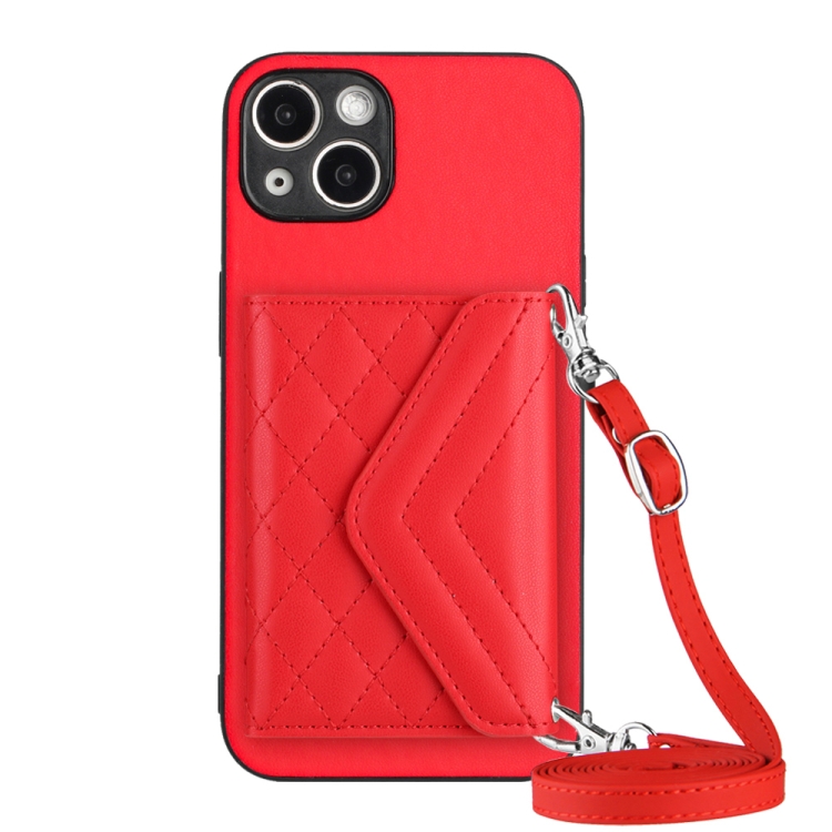 

For iPhone 15 Plus Rhombic Texture Card Bag RFID Phone Case with Long Lanyard(Red)