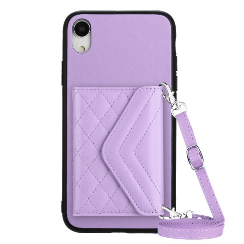 

For iPhone XR Rhombic Texture Card Bag RFID Phone Case with Long Lanyard(Light Purple)