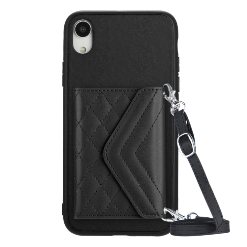 

For iPhone XR Rhombic Texture Card Bag RFID Phone Case with Long Lanyard(Black)