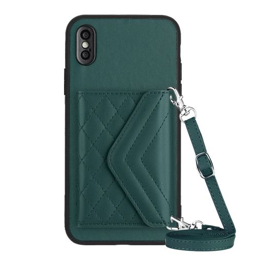 

For iPhone XS Max Rhombic Texture Card Bag RFID Phone Case with Long Lanyard(Green)