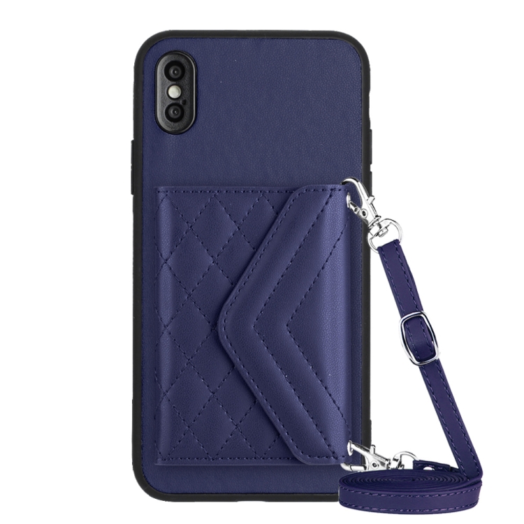 

For iPhone XS Max Rhombic Texture Card Bag RFID Phone Case with Long Lanyard(Dark Purple)