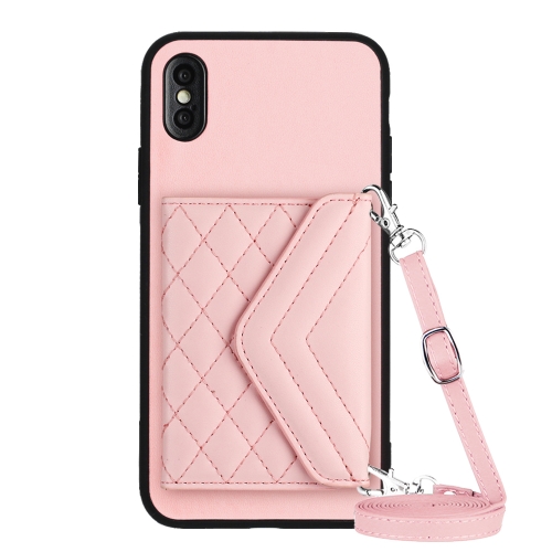 

For iPhone XS Max Rhombic Texture Card Bag RFID Phone Case with Long Lanyard(Rose Gold)