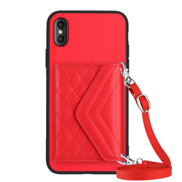 

For iPhone XS Max Rhombic Texture Card Bag RFID Phone Case with Long Lanyard(Red)