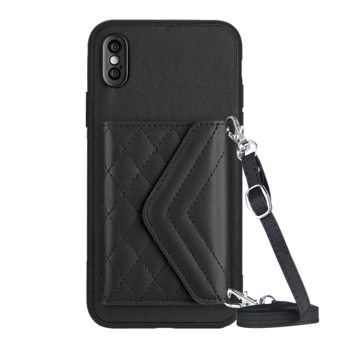 

For iPhone XS / X Rhombic Texture Card Bag RFID Phone Case with Long Lanyard(Black)