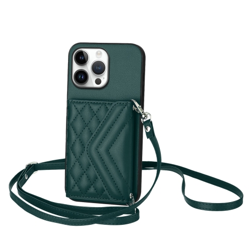 

For iPhone 16 Pro Max Rhombic Texture Card Bag RFID Phone Case with Long Lanyard(Green)