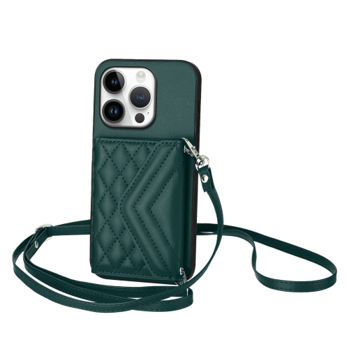 

For iPhone 16 Pro Rhombic Texture Card Bag RFID Phone Case with Long Lanyard(Green)