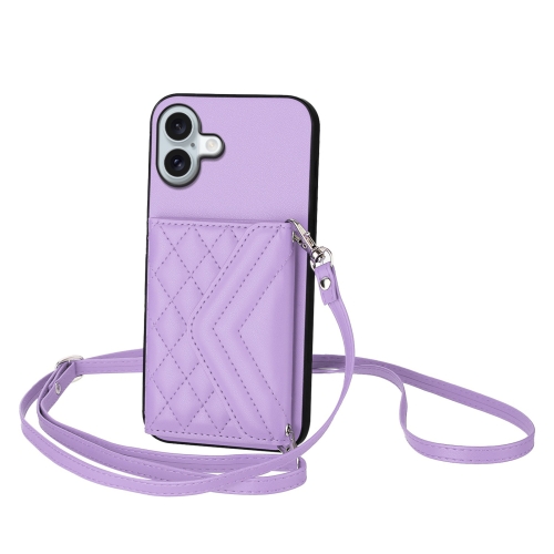 

For iPhone 16 Plus Rhombic Texture Card Bag RFID Phone Case with Long Lanyard(Light Purple)