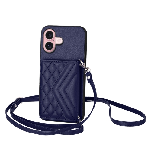 

For iPhone 16 Rhombic Texture Card Bag RFID Phone Case with Long Lanyard(Blue)