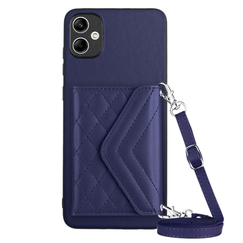 

For Samsung Galaxy A04 4G Rhombic Texture Card Bag RFID Phone Case with Long Lanyard(Dark Purple)