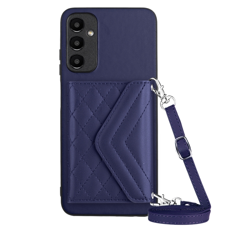 

For Samsung Galaxy A05s 4G Rhombic Texture Card Bag RFID Phone Case with Long Lanyard(Dark Purple)