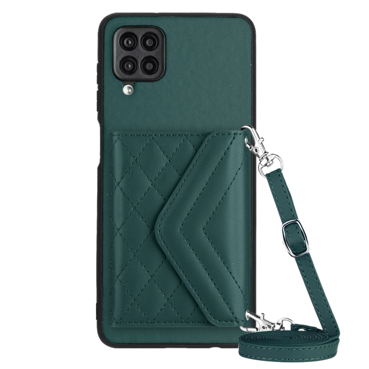 

For Samsung Galaxy A12 Rhombic Texture Card Bag RFID Phone Case with Long Lanyard(Green)