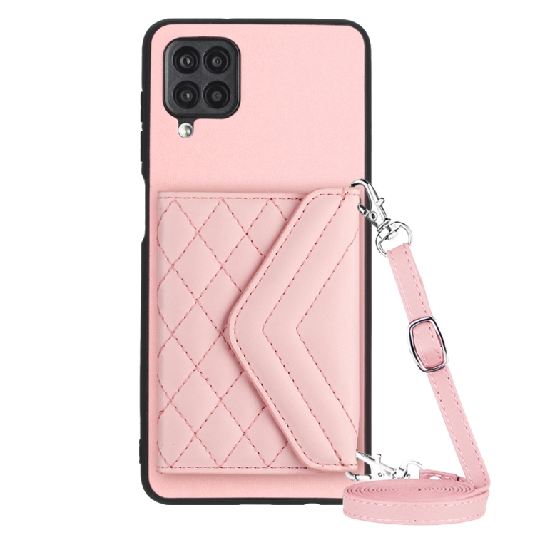 

For Samsung Galaxy A12 Rhombic Texture Card Bag RFID Phone Case with Long Lanyard(Rose Gold)