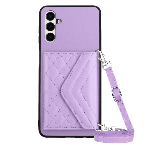 

For Samsung Galaxy A13 5G / A04s Rhombic Texture Card Bag RFID Phone Case with Long Lanyard(Light Purple)