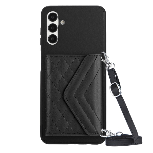 

For Samsung Galaxy A13 5G / A04s Rhombic Texture Card Bag RFID Phone Case with Long Lanyard(Black)