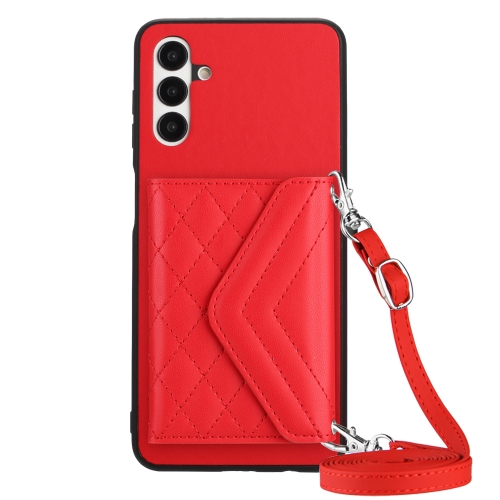 

For Samsung Galaxy A13 5G / A04s Rhombic Texture Card Bag RFID Phone Case with Long Lanyard(Red)