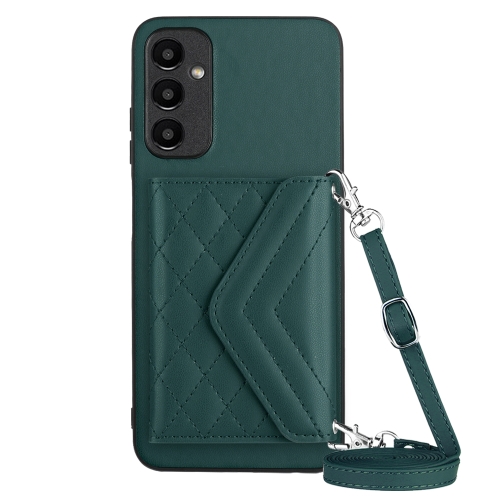 

For Samsung Galaxy A14 5G Rhombic Texture Card Bag RFID Phone Case with Long Lanyard(Green)