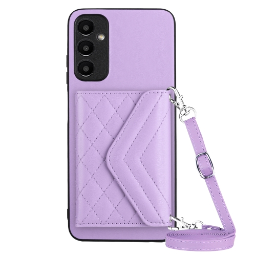 

For Samsung Galaxy A24 4G Rhombic Texture Card Bag RFID Phone Case with Long Lanyard(Light Purple)