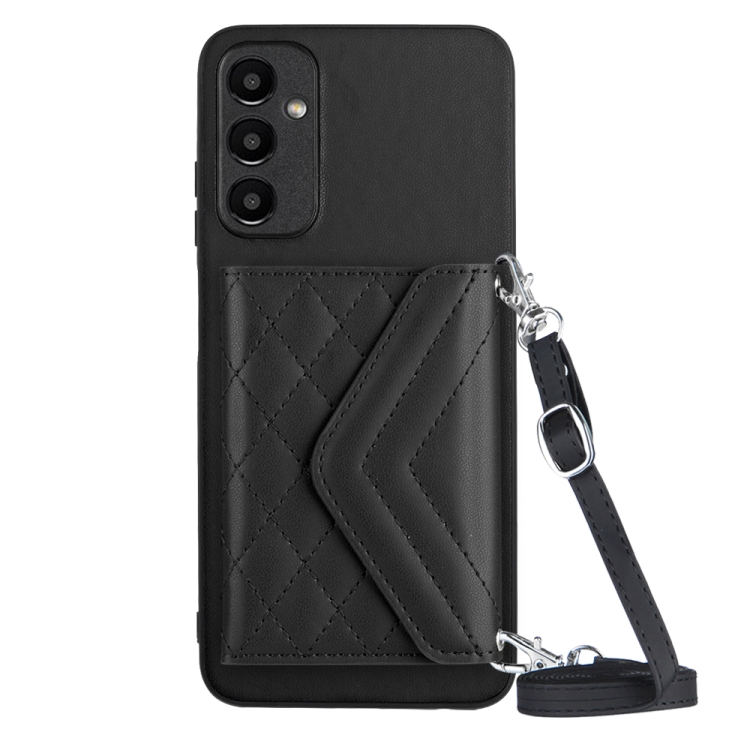 

For Samsung Galaxy A25 5G Rhombic Texture Card Bag RFID Phone Case with Long Lanyard(Black)