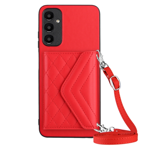 

For Samsung Galaxy A25 5G Rhombic Texture Card Bag RFID Phone Case with Long Lanyard(Red)