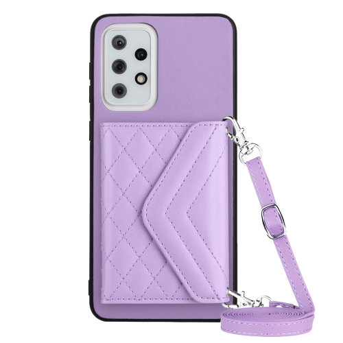 

For Samsung Galaxy A33 5G Rhombic Texture Card Bag RFID Phone Case with Long Lanyard(Light Purple)