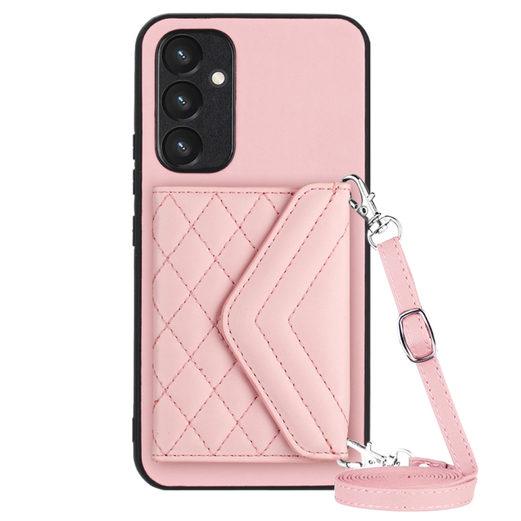 

For Samsung Galaxy A34 5G Rhombic Texture Card Bag RFID Phone Case with Long Lanyard(Rose Gold)