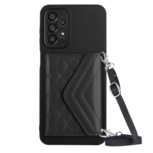 

For Samsung Galaxy A52 Rhombic Texture Card Bag RFID Phone Case with Long Lanyard(Black)