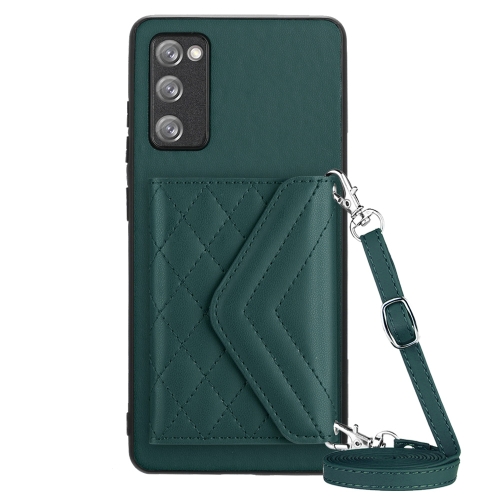 

For Samsung Galaxy S20 FE Rhombic Texture Card Bag RFID Phone Case with Long Lanyard(Green)