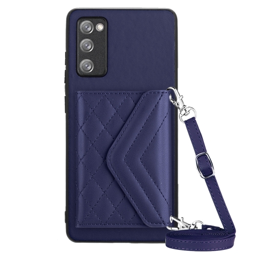 

For Samsung Galaxy S20 FE Rhombic Texture Card Bag RFID Phone Case with Long Lanyard(Dark Purple)