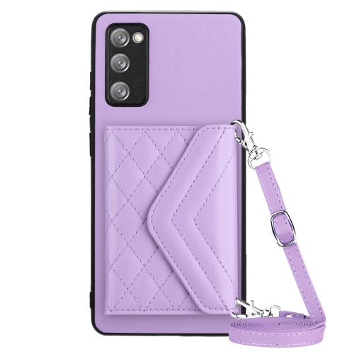 

For Samsung Galaxy S20 FE Rhombic Texture Card Bag RFID Phone Case with Long Lanyard(Light Purple)