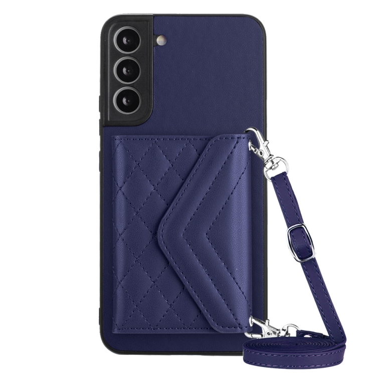 

For Samsung Galaxy S21 FE Rhombic Texture Card Bag RFID Phone Case with Long Lanyard(Dark Purple)