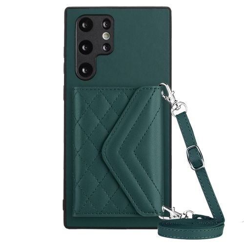 

For Samsung Galaxy S22 Ultra 5G Rhombic Texture Card Bag RFID Phone Case with Long Lanyard(Green)