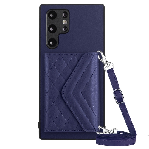 

For Samsung Galaxy S22 Ultra 5G Rhombic Texture Card Bag RFID Phone Case with Long Lanyard(Dark Purple)