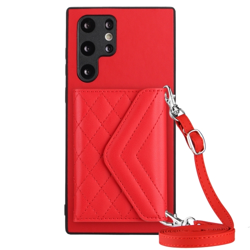 

For Samsung Galaxy S22 Ultra 5G Rhombic Texture Card Bag RFID Phone Case with Long Lanyard(Red)