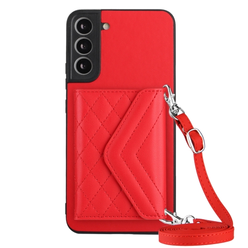 

For Samsung Galaxy S22 5G Rhombic Texture Card Bag RFID Phone Case with Long Lanyard(Red)