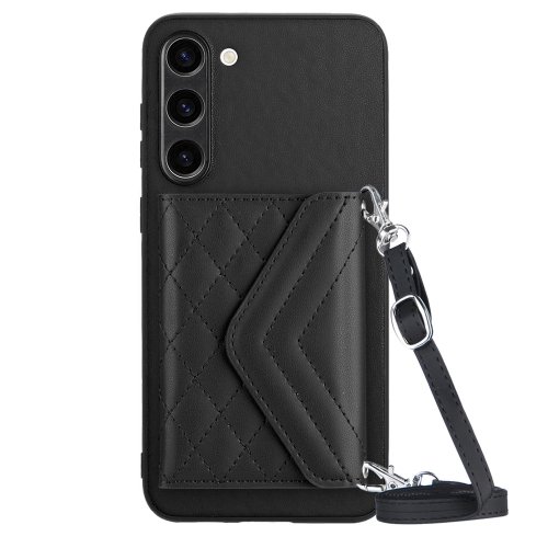 

For Samsung Galaxy S23 5G Rhombic Texture Card Bag RFID Phone Case with Long Lanyard(Black)