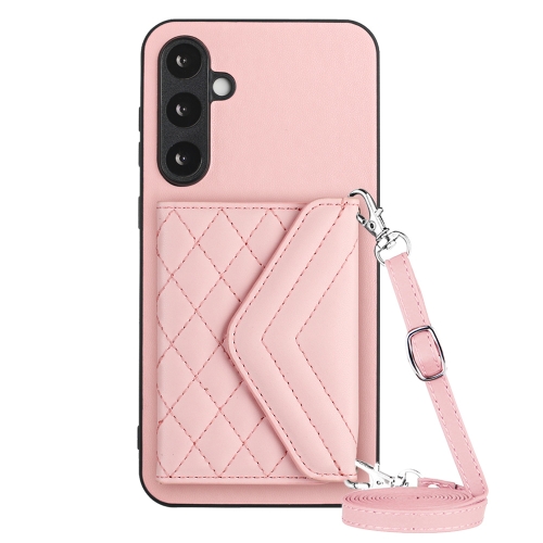 

For Samsung Galaxy S23 FE 5G Rhombic Texture Card Bag RFID Phone Case with Long Lanyard(Rose Gold)