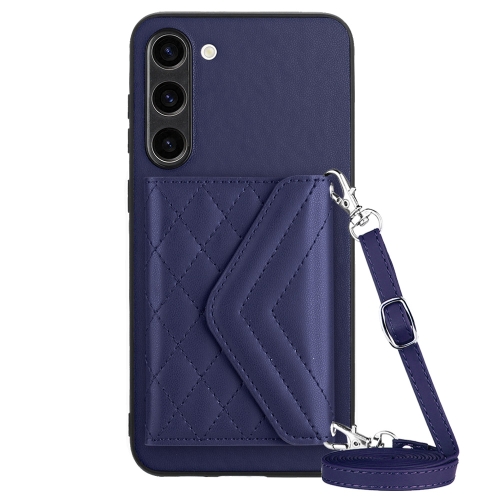 

For Samsung Galaxy S23+ 5G Rhombic Texture Card Bag RFID Phone Case with Long Lanyard(Dark Purple)
