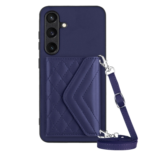 

For Samsung Galaxy S24 5G Rhombic Texture Card Bag RFID Phone Case with Long Lanyard(Dark Purple)