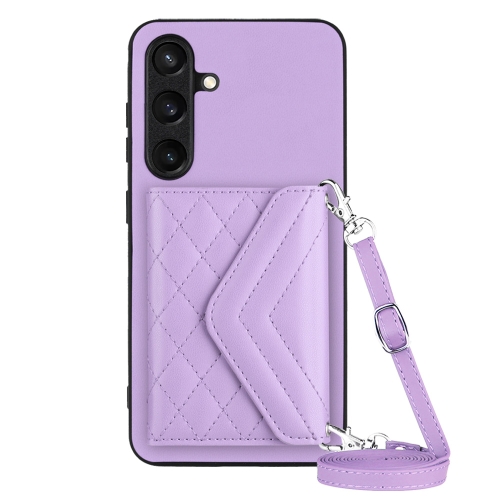 

For Samsung Galaxy S24 5G Rhombic Texture Card Bag RFID Phone Case with Long Lanyard(Light Purple)