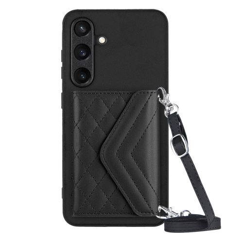 

For Samsung Galaxy S24 5G Rhombic Texture Card Bag RFID Phone Case with Long Lanyard(Black)