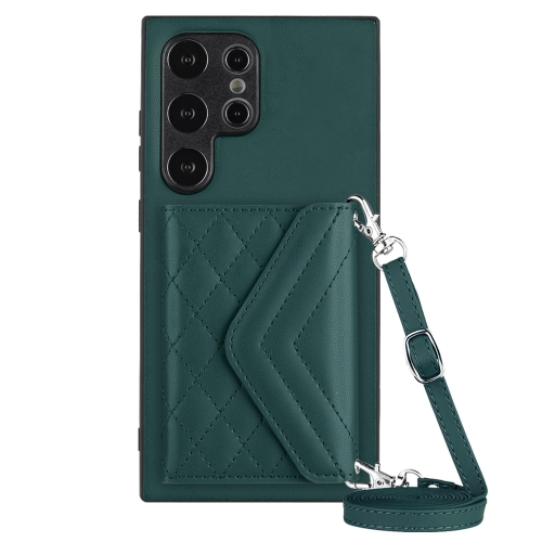 

For Samsung Galaxy S24 Ultra 5G Rhombic Texture Card Bag RFID Phone Case with Long Lanyard(Green)