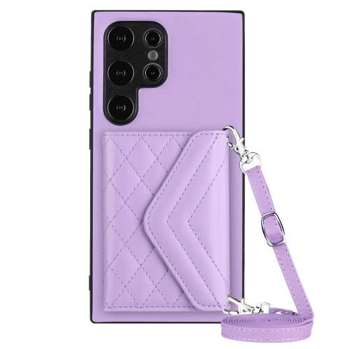 

For Samsung Galaxy S24 Ultra 5G Rhombic Texture Card Bag RFID Phone Case with Long Lanyard(Light Purple)