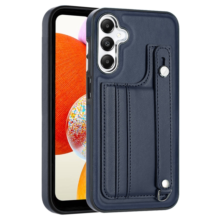 

For Samsung Galaxy A15 Shockproof Leather Phone Case with Wrist Strap(Blue)