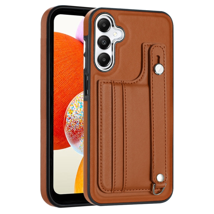

For Samsung Galaxy A15 Shockproof Leather Phone Case with Wrist Strap(Brown)