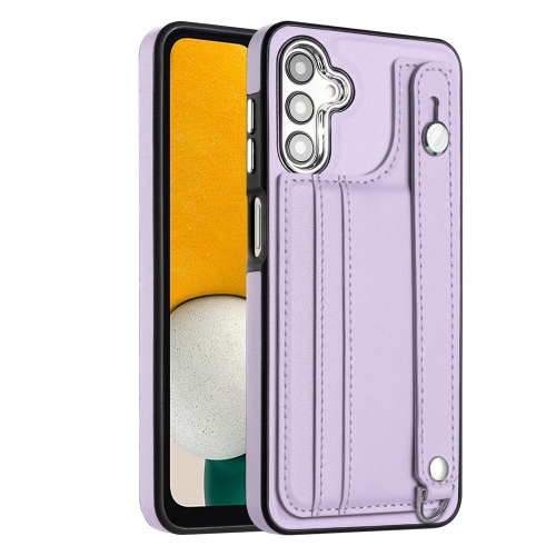 

For Samsung Galaxy A24 4G Shockproof Leather Phone Case with Wrist Strap(Purple)