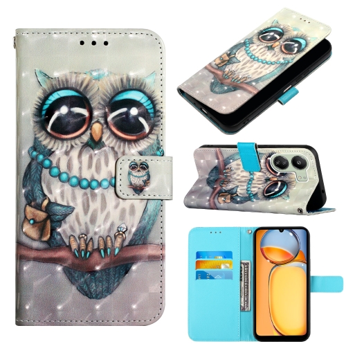 

For Xiaomi Redmi 13C 3D Painting Horizontal Flip Leather Phone Case(Grey Owl)
