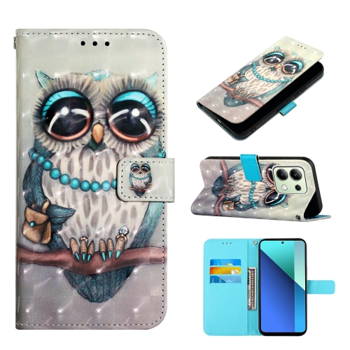 

For Xiaomi Redmi Note 13 4G Global 3D Painting Horizontal Flip Leather Phone Case(Grey Owl)