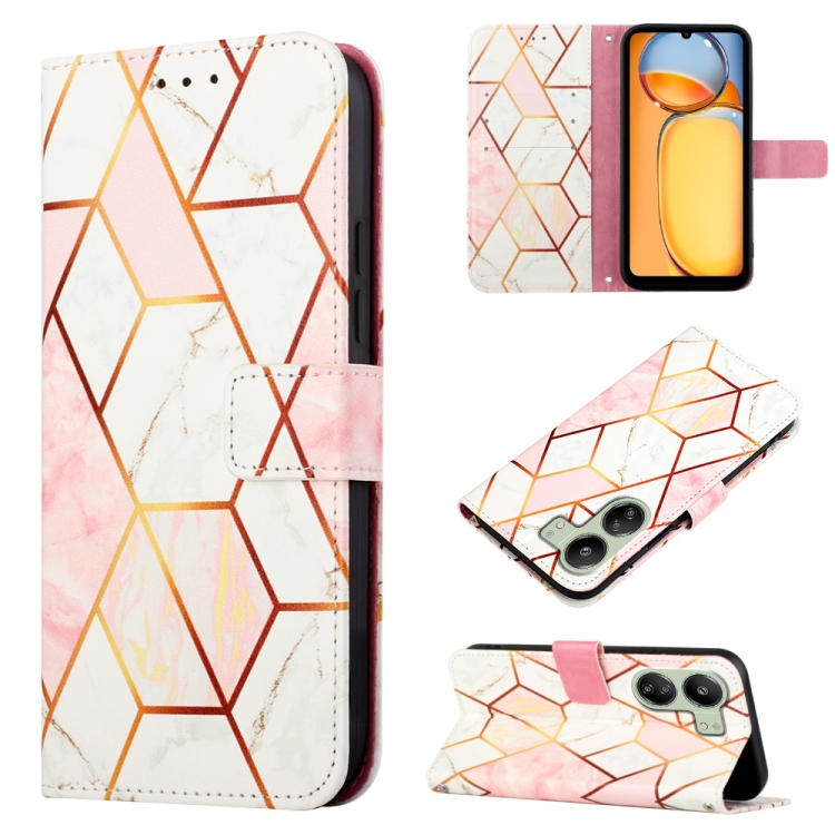

For Xiaomi Redmi 13C PT003 Marble Pattern Flip Leather Phone Case(Pink White)