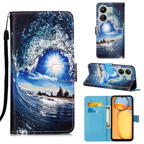 

For Xiaomi Redmi 13C Colored Drawing Pattern Plain Weave Leather Phone Case(Waves And Sun)